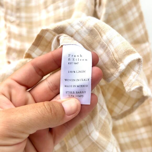 Frank & Eileen Barry Woven Linen Button Up Sand Plaid XS Tan Shirt Button Down - Picture 7 of 8